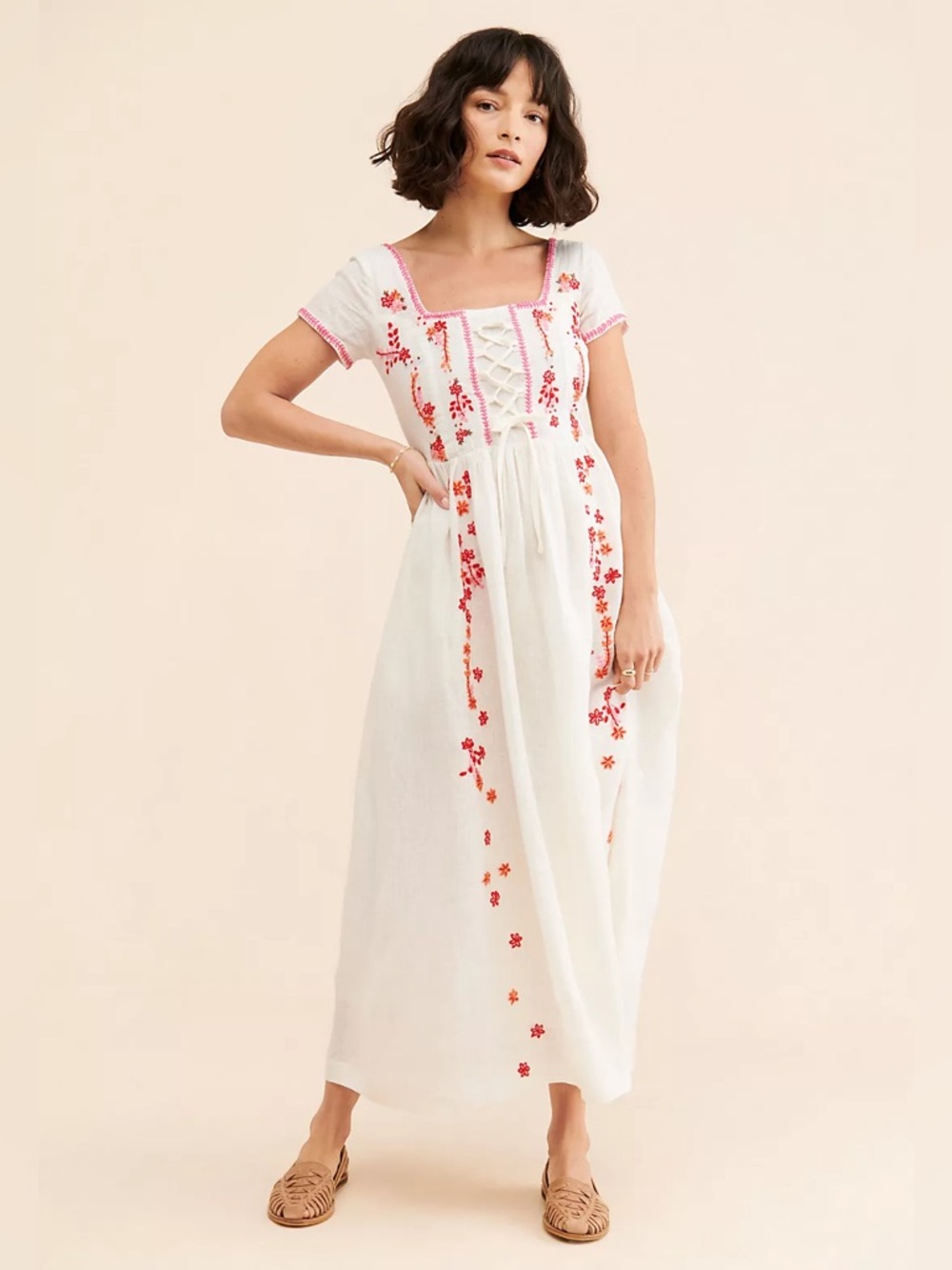 Tach ivory Rafaella Pink & Red floral Embroidery corset midi dress